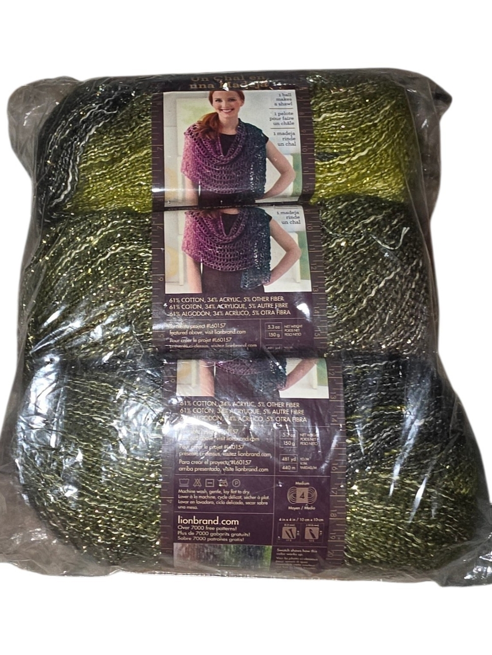 Lion Brand Shawl in a Ball Graceful Green Yarn 3 Skeins Metallic 1443 Yards